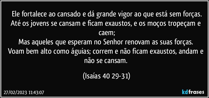 Ele fortalece ao cansado e dá grande vigor ao que está sem forças.
Até os jovens se cansam e ficam exaustos, e os moços tropeçam e caem;
Mas aqueles que esperam no Senhor renovam as suas forças. 
Voam bem alto como águias; correm e não ficam exaustos, andam e não se cansam. (Isaías 40 29-31)