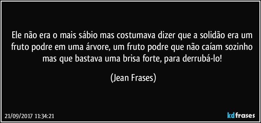 Ele não era o mais sábio mas costumava dizer que a solidão era um fruto podre em uma árvore, um fruto podre que não caíam sozinho mas que bastava uma brisa forte, para derrubá-lo! (Jean Frases)