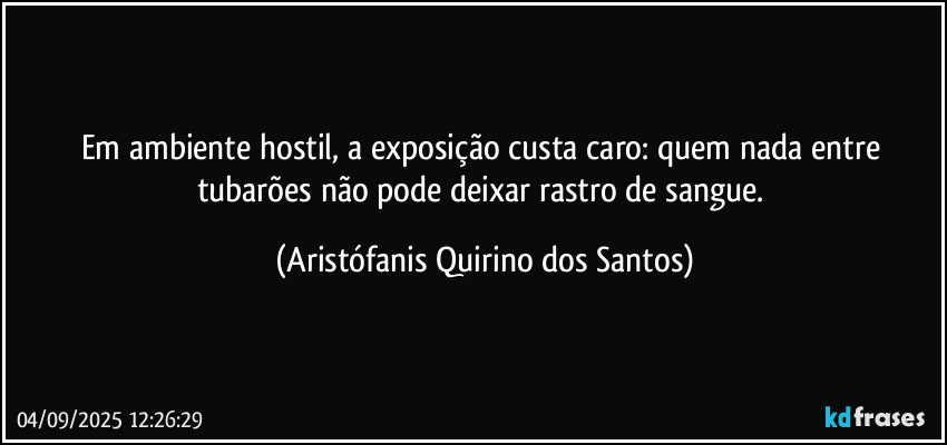Em ambiente hostil, a exposição custa caro: quem nada entre tubarões não pode deixar rastro de sangue. (Aristófanis Quirino dos Santos)