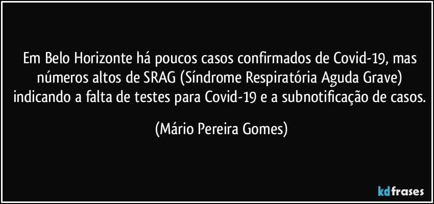 Em Belo Horizonte há poucos casos confirmados de Covid-19, mas números altos de SRAG (Síndrome Respiratória Aguda Grave) indicando a falta de testes para Covid-19 e a subnotificação de casos. (Mário Pereira Gomes)