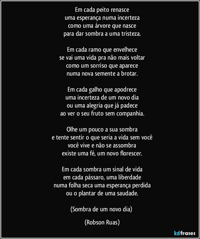 Em cada peito renasce
uma esperança numa incerteza
como uma árvore que nasce
para dar sombra a uma tristeza.

Em cada ramo que envelhece
se vai uma vida pra não mais voltar
como um sorriso que aparece
numa nova semente a brotar.

Em cada galho que apodrece
uma incerteza de um novo dia
ou uma alegria que já padece
ao ver o seu fruto sem companhia.

Olhe um pouco a sua sombra
e tente sentir o que seria a vida sem você
você vive e não se assombra
existe uma fé, um novo florescer.

Em cada sombra um sinal de vida
em cada pássaro, uma liberdade
numa folha seca uma esperança perdida
ou o plantar de uma saudade.

(Sombra de um novo dia) (Robson Ruas)