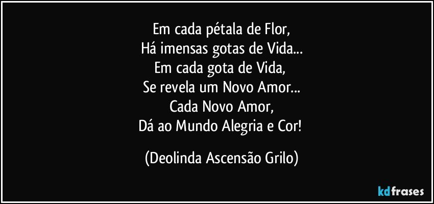 Em cada pétala de Flor,
Há imensas gotas de Vida...
Em cada gota de Vida, 
Se revela um Novo Amor...
Cada Novo Amor,
Dá ao Mundo Alegria e Cor! (Deolinda Ascensão Grilo)