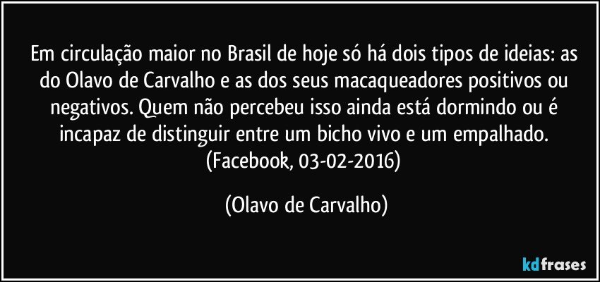 Em circulação maior no Brasil de hoje só há dois tipos de ideias: as do Olavo de Carvalho e as dos seus macaqueadores positivos ou negativos. Quem não percebeu isso ainda está dormindo ou é incapaz de distinguir entre um bicho vivo e um empalhado. (Facebook, 03-02-2016) (Olavo de Carvalho)