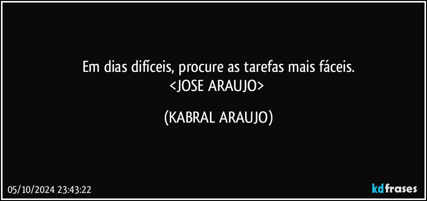 Em dias difíceis, procure as tarefas mais fáceis.
<JOSE ARAUJO> (KABRAL ARAUJO)