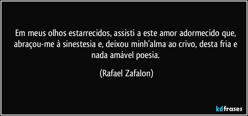Em meus olhos estarrecidos, assisti a este amor adormecido que, abraçou-me à sinestesia e, deixou minh'alma ao crivo, desta fria e nada amável poesia. (Rafael Zafalon)