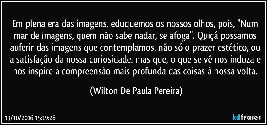 Em plena era das imagens, eduquemos os nossos olhos, pois, "Num mar de imagens, quem não sabe nadar, se afoga". Quiçá possamos auferir das imagens que contemplamos, não só o prazer estético, ou a satisfação da nossa curiosidade. mas  que, o que se vê nos induza e nos inspire à compreensão mais profunda das coisas à nossa volta. (Wilton De Paula Pereira)