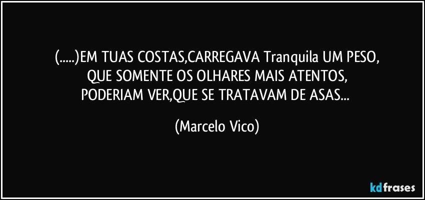 (...)EM TUAS COSTAS,CARREGAVA Tranquila UM PESO,
QUE SOMENTE OS OLHARES MAIS ATENTOS,
PODERIAM VER,QUE SE TRATAVAM DE ASAS... (Marcelo Vico)