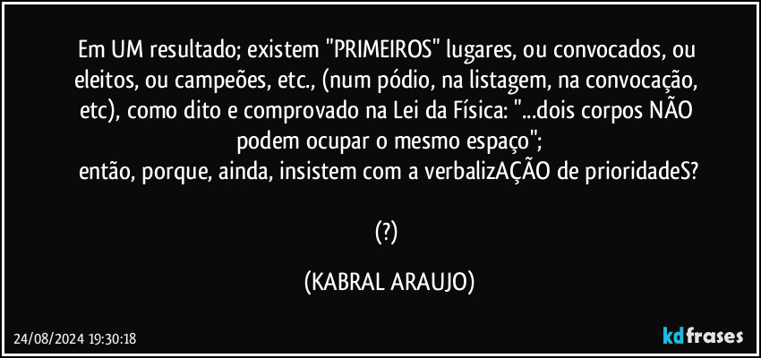 Em UM resultado; existem "PRIMEIROS" lugares, ou convocados, ou eleitos, ou campeões, etc.,  (num pódio, na listagem, na convocação, etc), como dito e comprovado na Lei da Física: "...dois corpos NÃO podem ocupar o mesmo espaço";
então, porque, ainda, insistem com a verbalizAÇÃO de prioridadeS?

(?) (KABRAL ARAUJO)