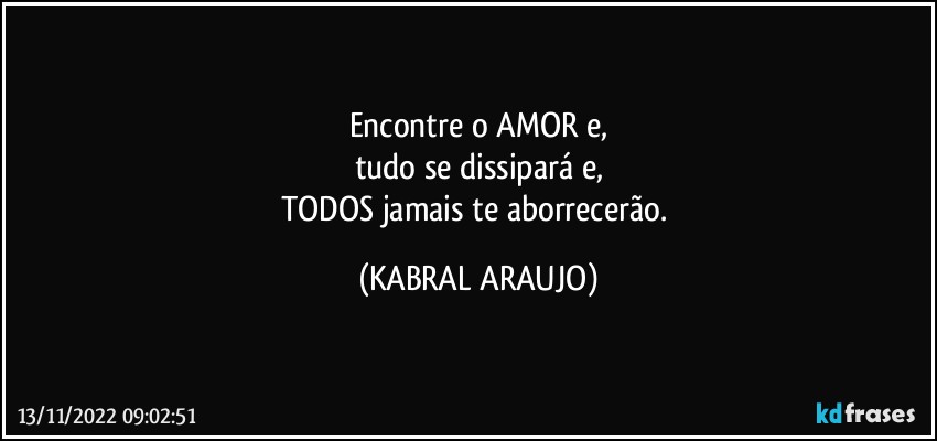 Encontre o AMOR e,
tudo se dissipará e,
TODOS jamais te aborrecerão. (KABRAL ARAUJO)