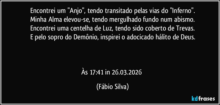 Encontrei um "Anjo", tendo transitado pelas vias do "Inferno".
Minha Alma elevou-se, tendo mergulhado fundo num abismo.
Encontrei uma centelha de Luz, tendo sido coberto de Trevas.
E pelo sopro do Demônio, inspirei o adocicado hálito de Deus.



Às 17:41 in 26.03.2026 (Fábio Silva)