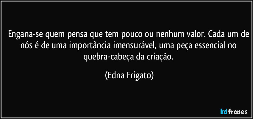 Engana-se quem pensa que tem pouco ou nenhum valor. Cada um de nós é de uma importância imensurável, uma peça essencial no quebra-cabeça da criação. (Edna Frigato)