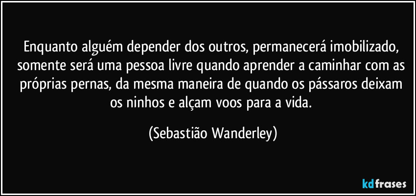 Enquanto alguém depender dos outros, permanecerá imobilizado, somente será uma pessoa livre quando aprender a caminhar com as próprias pernas, da mesma maneira de quando os pássaros deixam os ninhos e alçam voos para a vida. (Sebastião Wanderley)