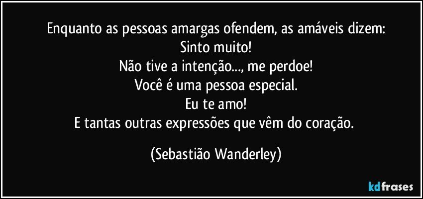 Enquanto as pessoas amargas ofendem, as amáveis dizem:
Sinto muito!
Não tive a intenção..., me perdoe!
Você é uma pessoa especial.
Eu te amo!
E tantas outras expressões que vêm do coração. (Sebastião Wanderley)