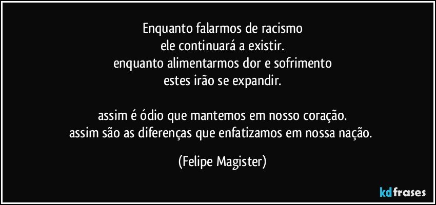 enquanto falarmos de racismo
ele continuará a existir.
enquanto alimentarmos dor e sofrimento
estes irão se expandir.

assim é ódio que mantemos em nosso coração.
assim são as diferenças que enfatizamos em nossa nação. (Felipe Magister)