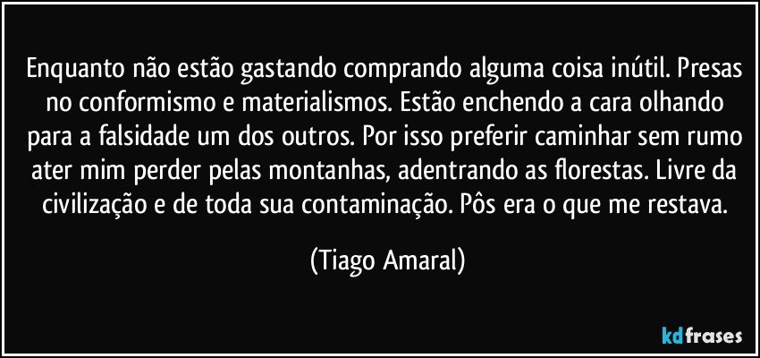 Enquanto não estão gastando comprando alguma coisa inútil. Presas no conformismo e materialismos. Estão enchendo a cara olhando para a falsidade um dos outros. Por isso preferir caminhar sem rumo ater mim perder pelas montanhas, adentrando as florestas. Livre da civilização e de toda sua contaminação. Pôs era o que me restava. (Tiago Amaral)