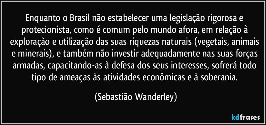 Enquanto o Brasil não estabelecer uma legislação rigorosa e protecionista, como é comum pelo mundo afora, em relação à exploração e utilização das suas riquezas naturais (vegetais, animais e minerais), e também não investir adequadamente nas suas forças armadas, capacitando-as à defesa dos seus interesses, sofrerá todo tipo de ameaças às atividades econômicas e à soberania. (Sebastião Wanderley)