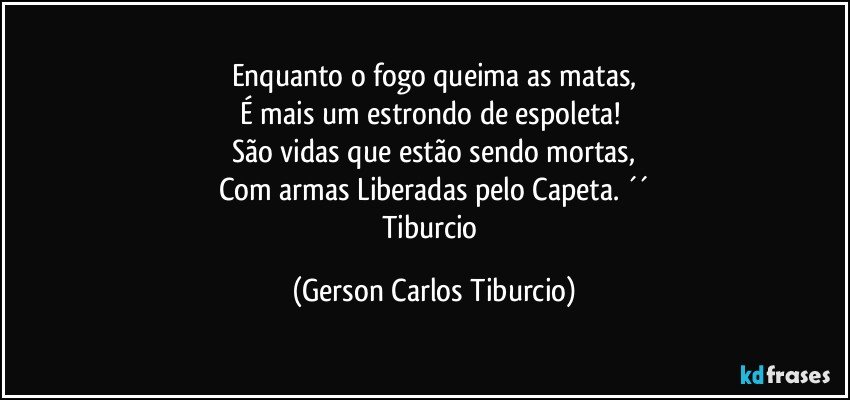 Enquanto o fogo queima as matas,
É mais um estrondo de espoleta! 
São vidas que estão sendo mortas,
Com armas Liberadas pelo Capeta. ´´
Tiburcio (Gerson Carlos Tiburcio)