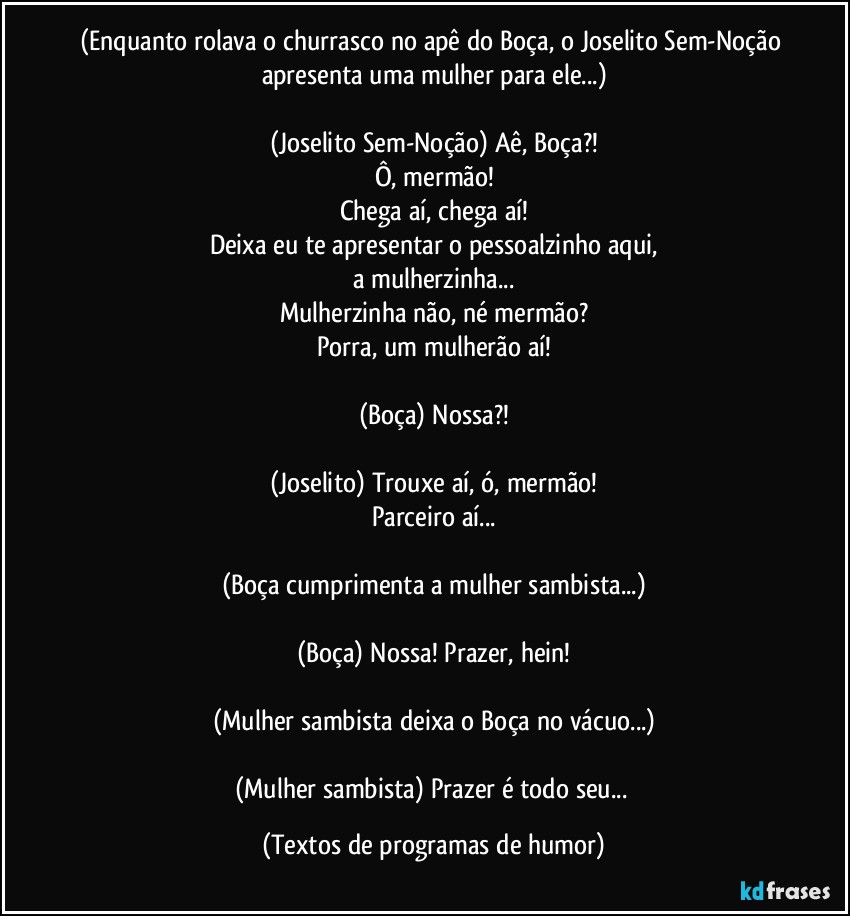 (Enquanto rolava o churrasco no apê do Boça, o Joselito Sem-Noção apresenta uma mulher para ele...)

(Joselito Sem-Noção) Aê, Boça?!
Ô, mermão!
Chega aí, chega aí!
Deixa eu te apresentar o pessoalzinho aqui,
a mulherzinha...
Mulherzinha não, né mermão?
Porra, um mulherão aí!

(Boça) Nossa?!

(Joselito) Trouxe aí, ó, mermão!
Parceiro aí...

(Boça cumprimenta a mulher sambista...)

(Boça) Nossa! Prazer, hein!

(Mulher sambista deixa o Boça no vácuo...)

(Mulher sambista) Prazer é todo seu... (Textos de programas de humor)