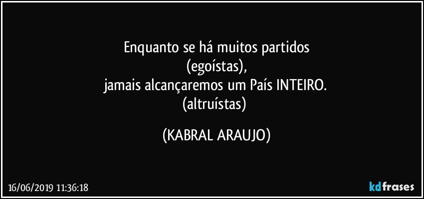 Enquanto se há muitos partidos
(egoístas),
jamais alcançaremos um País INTEIRO.
(altruístas) (KABRAL ARAUJO)