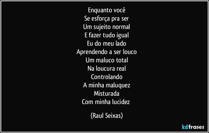 Enquanto você
Se esforça pra ser
Um sujeito normal
E fazer tudo igual
Eu do meu lado
Aprendendo a ser louco
Um maluco total
Na loucura real
Controlando
A minha maluquez
Misturada
Com minha lucidez (Raul Seixas)