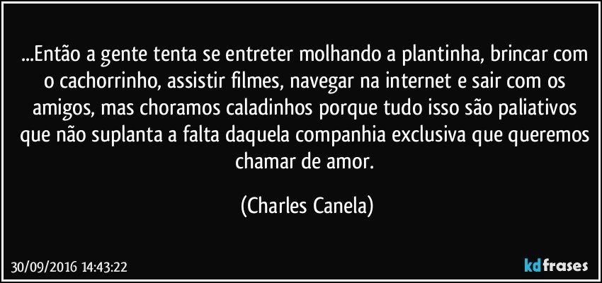 ...Então a gente tenta se entreter molhando a plantinha, brincar com o cachorrinho, assistir filmes, navegar na internet e sair com os amigos, mas choramos caladinhos porque tudo isso são paliativos que não suplanta a falta daquela companhia exclusiva que queremos chamar de  amor. (Charles Canela)