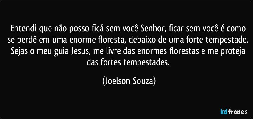 Entendi que não posso ficá sem você Senhor, ficar sem você é como se perdê em uma enorme floresta, debaixo de uma forte tempestade. Sejas o meu guia Jesus, me livre das enormes florestas e me proteja das fortes tempestades. (Joelson Souza)