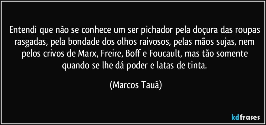 Entendi que não se conhece um ser pichador pela doçura das roupas rasgadas, pela bondade dos olhos raivosos, pelas mãos sujas, nem pelos crivos de Marx, Freire, Boff e Foucault, mas tão somente quando se lhe dá poder e latas de tinta. (Marcos Tauã)