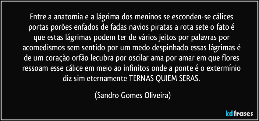 Entre a anatomia e a lágrima dos meninos se esconden-se cálices portas porões enfados de fadas navios piratas a rota sete o fato é que estas lágrimas podem ter de vários jeitos por palavras por acomedismos sem sentido por um medo despinhado essas lágrimas é de um coração orfão lecubra por oscilar ama por amar em que flores ressoam esse cálice em meio ao infinitos onde a ponte é o extermínio diz sim eternamente TERNAS QUIEM SERAS. (Sandro Gomes Oliveira)