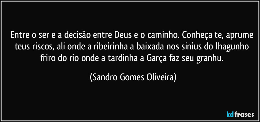 Entre o ser e a decisão entre Deus e o caminho. Conheça te, aprume teus riscos, ali onde a ribeirinha a baixada nos sinius do lhagunho friro do rio onde a tardinha a Garça faz seu granhu. (Sandro Gomes Oliveira)