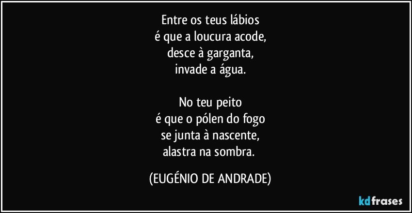 Entre os teus lábios
é que a loucura acode,
desce à garganta,
invade a água.

No teu peito
é que o pólen do fogo
se junta à nascente,
alastra na sombra. (EUGÉNIO DE ANDRADE)