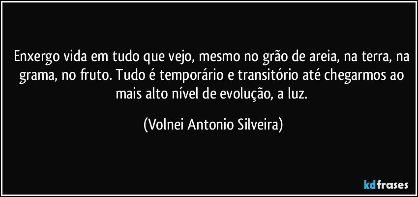 Enxergo vida em tudo que vejo, mesmo no grão de areia, na terra, na grama, no fruto. Tudo é temporário e transitório até chegarmos ao mais alto nível de evolução, a luz. (Volnei Antonio Silveira)