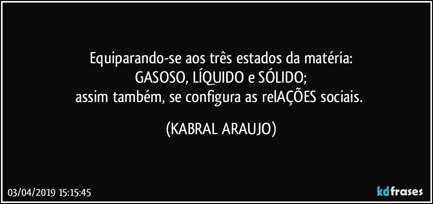 Equiparando-se aos três estados da matéria:
GASOSO, LÍQUIDO e SÓLIDO;
assim também, se configura as relAÇÕES sociais. (KABRAL ARAUJO)