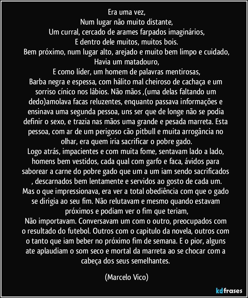 Era uma vez,
Num lugar não muito distante,
Um curral, cercado de arames farpados imaginários,
E dentro dele muitos, muitos bois.
Bem próximo, num lugar alto, arejado e muito bem limpo e cuidado,
Havia um  matadouro,
E como líder, um homem de palavras mentirosas,
Barba negra e espessa, com hálito mal cheiroso de cachaça e um sorriso cínico nos lábios. Não mãos ,(uma delas faltando um dedo)amolava facas reluzentes, enquanto passava informações e ensinava uma  segunda pessoa, uns ser que de longe não se podia definir o sexo, e trazia nas mãos uma grande e pesada marreta. Esta pessoa, com ar de um perigoso cão pitbull e muita arrogância no olhar, era quem iria sacrificar o pobre gado.
Logo atrás, impacientes e com muita fome, sentavam lado a lado, homens bem vestidos, cada qual com garfo e faca, ávidos para saborear a carne do pobre gado que um a um iam sendo sacrificados , descarnados bem lentamente e servidos ao gosto de cada um.
Mas o que impressionava, era ver a total obediência  com que o gado se dirigia ao seu fim. Não relutavam  e mesmo quando estavam próximos e podiam ver o fim que teriam,
Não  importavam. Conversavam um com o outro, preocupados com o resultado do futebol. Outros com o capitulo da novela, outros com o tanto que iam beber no próximo fim de semana. E o pior, alguns ate aplaudiam o som seco e mortal da marreta ao se chocar com a cabeça dos seus semelhantes. (Marcelo Vico)