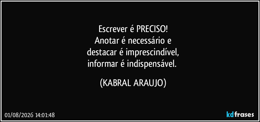 Escrever é PRECISO!
Anotar é necessário e
destacar é imprescindível,
informar é indispensável. (KABRAL ARAUJO)