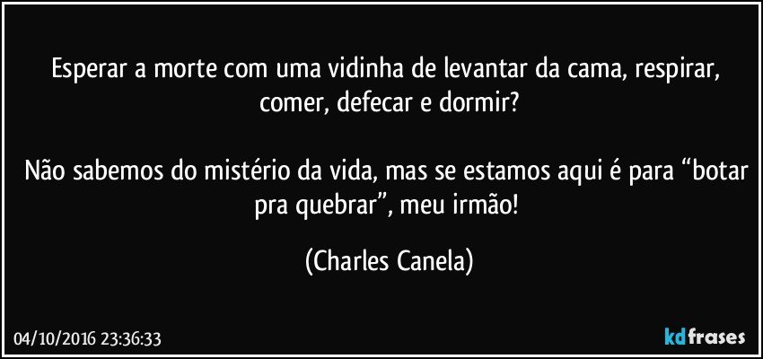 Esperar a morte com uma vidinha de levantar da cama, respirar, comer, defecar e dormir?

Não sabemos do mistério da vida, mas se estamos aqui é para “botar pra quebrar”, meu irmão! (Charles Canela)