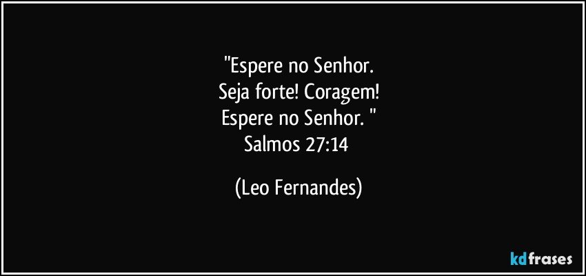 "Espere no Senhor.
Seja forte! Coragem!
Espere no Senhor. "
Salmos 27:14 (Leo Fernandes)