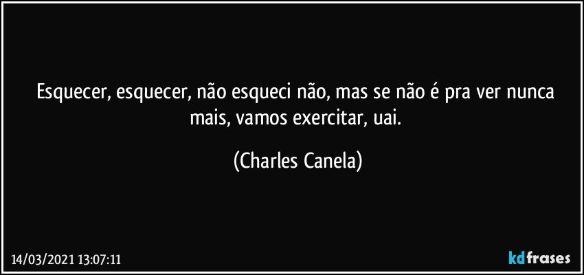 Esquecer, esquecer, não esqueci não, mas se não é pra ver nunca mais, vamos exercitar, uai. (Charles Canela)