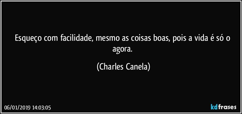 Esqueço com facilidade, mesmo as coisas boas, pois a vida é só o agora. (Charles Canela)