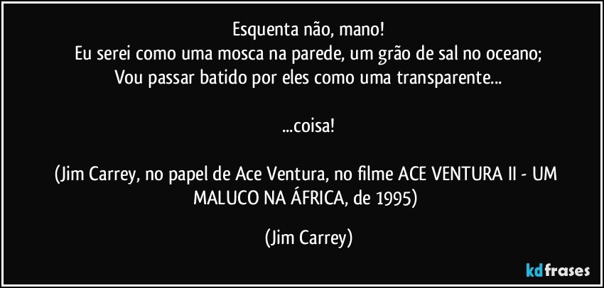 Esquenta não, mano!
Eu serei como uma mosca na parede, um grão de sal no oceano;
Vou passar batido por eles como uma transparente...

...coisa!

(Jim Carrey, no papel de Ace Ventura, no filme ACE VENTURA II - UM MALUCO NA ÁFRICA, de 1995) (Jim Carrey)