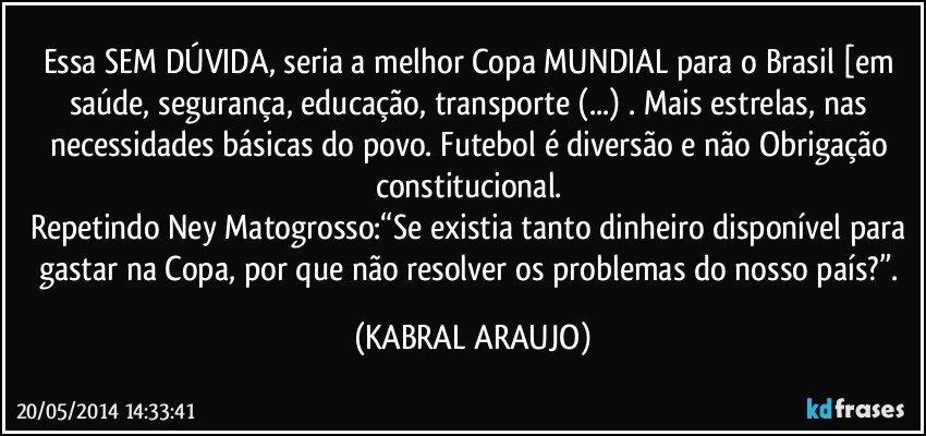 Essa SEM DÚVIDA, seria a melhor Copa MUNDIAL para o Brasil [em saúde, segurança, educação, transporte (...) . Mais estrelas, nas necessidades básicas do povo. Futebol é diversão e não Obrigação constitucional. 
Repetindo Ney Matogrosso:“Se existia tanto dinheiro disponível para gastar na Copa, por que não resolver os problemas do nosso país?”. (KABRAL ARAUJO)