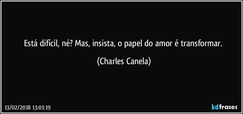 Está difícil, né? Mas, insista, o papel do amor é transformar. (Charles Canela)