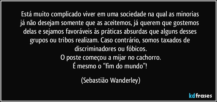 Está muito complicado viver em uma sociedade na qual as minorias já não desejam somente que as aceitemos, já querem que gostemos delas e sejamos favoráveis às práticas absurdas que alguns desses grupos ou tribos realizam. Caso contrário, somos taxados de discriminadores ou fóbicos.
O poste começou a mijar no cachorro.
É mesmo o “fim do mundo”! (Sebastião Wanderley)