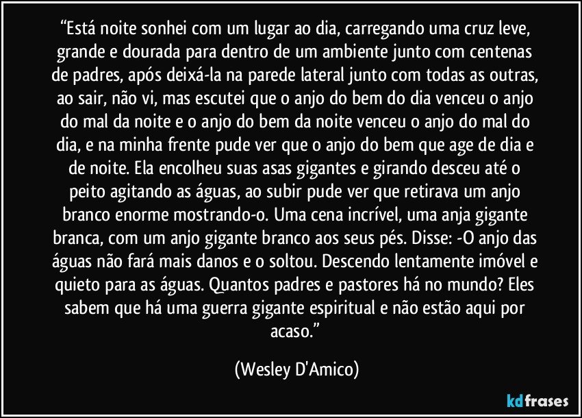 “Está noite sonhei com um lugar ao dia, carregando uma cruz leve, grande e dourada para dentro de um ambiente junto com centenas de padres, após deixá-la na parede lateral junto com todas as outras, ao sair, não vi, mas escutei que o anjo do bem do dia venceu o anjo do mal da noite e o anjo do bem da noite venceu o anjo do mal do dia, e na minha frente pude ver que o anjo do bem que age de dia e de noite. Ela encolheu suas asas gigantes e girando desceu até o peito agitando as águas, ao subir pude ver que retirava um anjo branco enorme mostrando-o. Uma cena incrível, uma anja gigante branca, com um anjo gigante branco aos seus pés. Disse: -O anjo das águas não fará mais danos e o soltou. Descendo lentamente imóvel e quieto para as águas.  Quantos padres e pastores há no mundo? Eles sabem que há uma guerra gigante espiritual e não estão aqui por acaso.” (Wesley D'Amico)