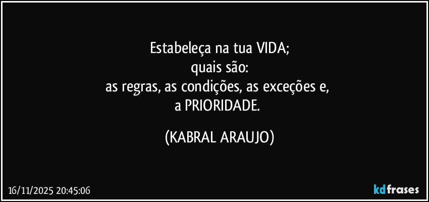 Estabeleça na tua VIDA;
quais são:
as regras, as condições, as exceções e, 
a PRIORIDADE. (KABRAL ARAUJO)
