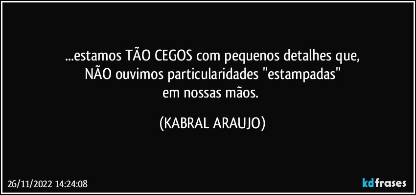 ...estamos TÃO CEGOS com pequenos detalhes que,
NÃO ouvimos particularidades "estampadas"
em nossas mãos. (KABRAL ARAUJO)