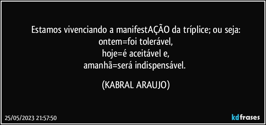 Estamos vivenciando a manifestAÇÃO da tríplice; ou seja:
ontem=foi tolerável,
hoje=é aceitável e,
amanhã=será indispensável. (KABRAL ARAUJO)