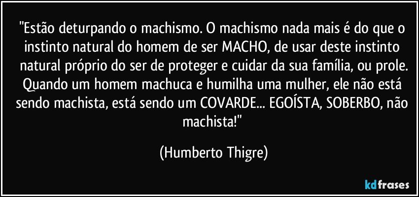 "Estão deturpando o machismo. O machismo nada mais é do que o instinto natural do homem de ser MACHO, de usar deste instinto natural próprio do ser de proteger e cuidar da sua família, ou prole.
Quando um homem machuca e humilha uma mulher, ele não está sendo machista, está sendo um COVARDE... EGOÍSTA, SOBERBO, não machista!" (Humberto Thigre)