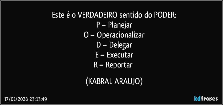 Este é o VERDADEIRO sentido do PODER:
P – Planejar
O – Operacionalizar
D – Delegar
E – Executar
R – Reportar (KABRAL ARAUJO)