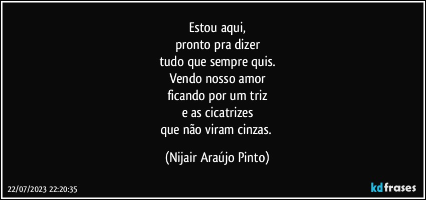 Estou aqui,
pronto pra dizer
tudo que sempre quis.
Vendo nosso amor
ficando por um triz
e as cicatrizes
que não viram cinzas. (Nijair Araújo Pinto)