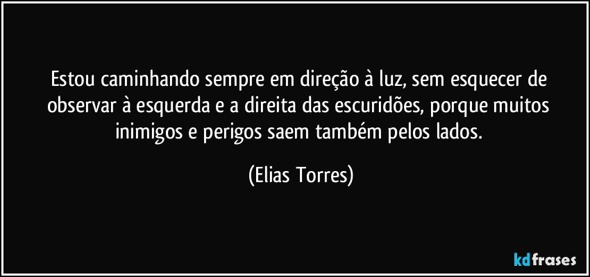 Estou caminhando sempre em direção à luz, sem esquecer de observar à esquerda e a direita das escuridões, porque muitos inimigos e perigos saem também pelos lados. (Elias Torres)